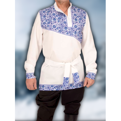 Где купить Косоворотку , русскую рубаху праздничную с принтом хохлома, белая , рисунок 4