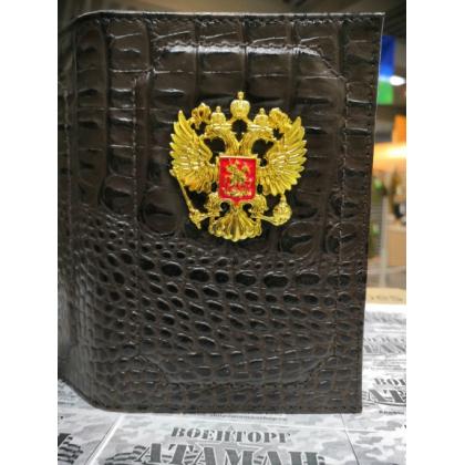 Обложка на паспорт с Гербом РФ, натур.кожа (кайман) премиум цв.Коричневый  купить в москве военторг атаман