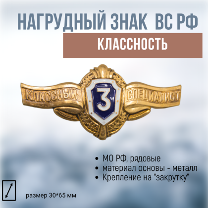 Где купить Нагрудный знак классность  ВС.РФ. ряд.состав - 3 (синий) в Москве недорого с доставкой по России