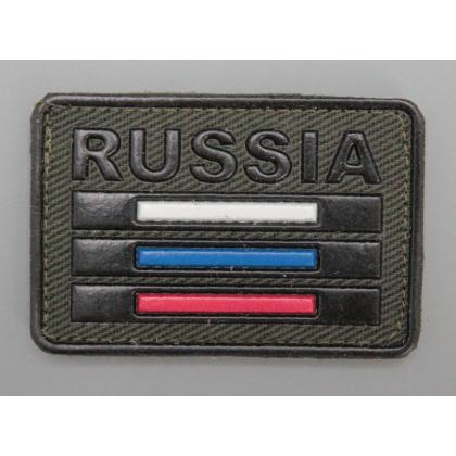 Где купить Шеврон - патч - нарукавный полевой Триколор РФ с надписью RUSSIA (6X4), Олива , на липучке в Москве недорого с доставкой по России