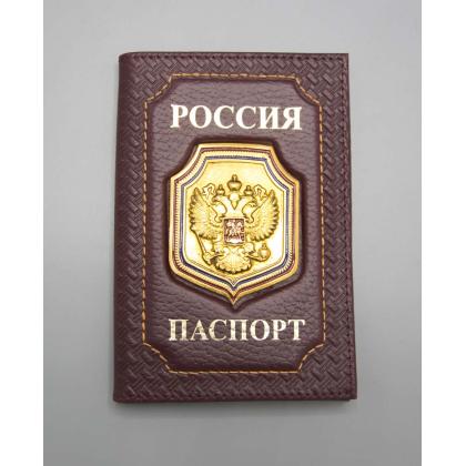 Где купить Обложка на паспорт метал. эмблема Герб на щите нат. кожа- флоттер (коричневый) в Москве недорого с доставкой по России
