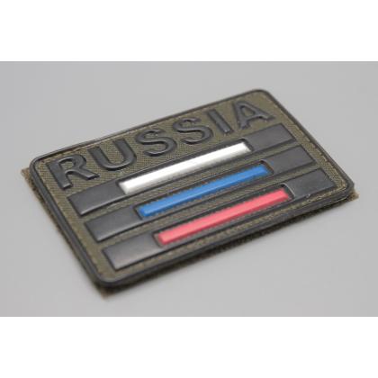 Где купить Шеврон -  нарукавный флаг полевой Триколор РФ нанесение ( ПВХ ) RUSSIA (8-5), Олива , на липучке в Москве не дорого с доставкой по России