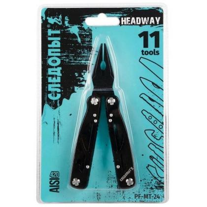 Где купить Мультитул (плоскогубцы) СЛЕДОПЫТ-HEADWAY 105х45х16 мм, 11 предметов, в чехле, на блистере  военторг Атаман Москва доставка дешево