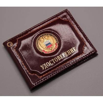 Где купить Обложку на удостоверение металлическая эмблема ФСО, натуральная кожа. цв.Бордо в Москве недорого с доставкой по России