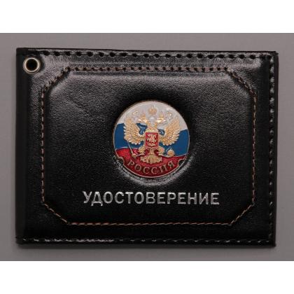 Где купить Обложку на удостоверение металлическая эмблема триколор с орлом РФ, натуральная кожа. цв.Черный в Москве недорого с доставкой по России